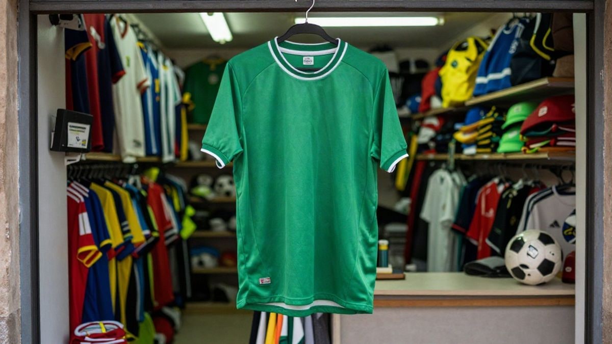 Imagen ilustrativa: una camiseta de fútbol verde colgada en una tienda del club, con un balón sobre el mostrador de fondo.