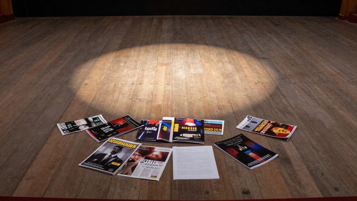Imagen ilustrativa: vista cenital de un escenario de teatro vacío con focos y programas sobre el suelo
