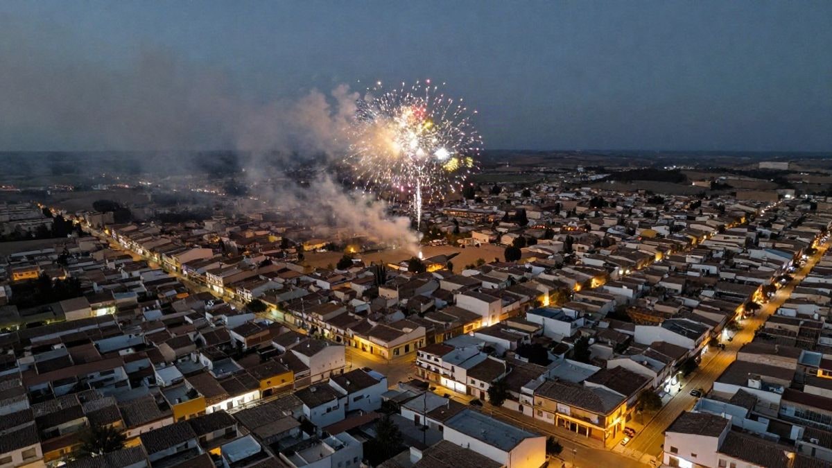 Imagen ilustrativa: vista aérea de un espectáculo de fuegos artificiales sobre un pueblo, con explosiones de colores en el cielo nocturno.