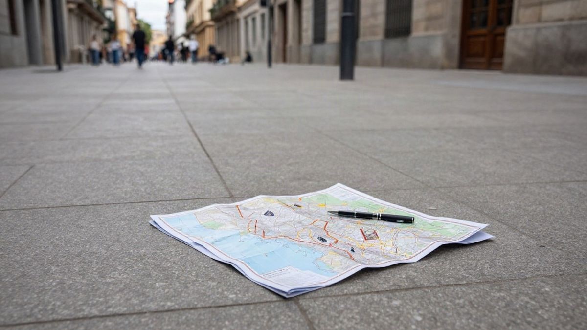 Imagen ilustrativa: detalle de un uniforme azul oscuro y un portadistintivo metálico sobre una mesa de madera junto a un mapa y un bolígrafo