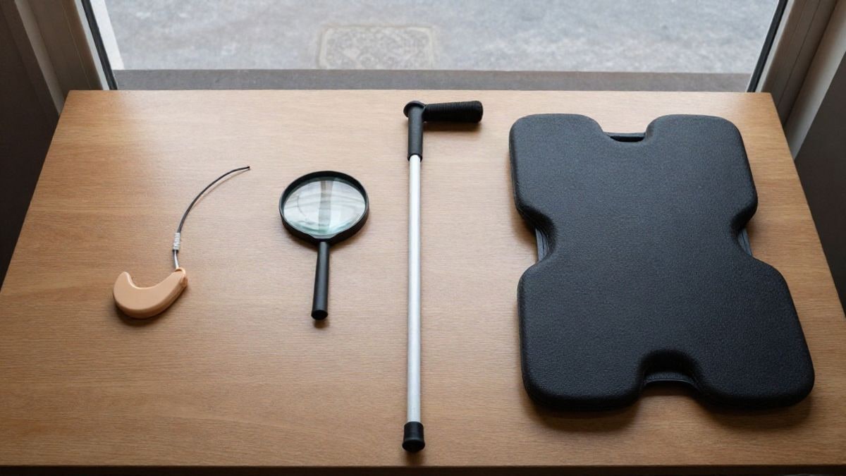 Imagen ilustrativa: vista cenital de una mesa con productos de apoyo para la discapacidad, como un audífono o un bastón blanco