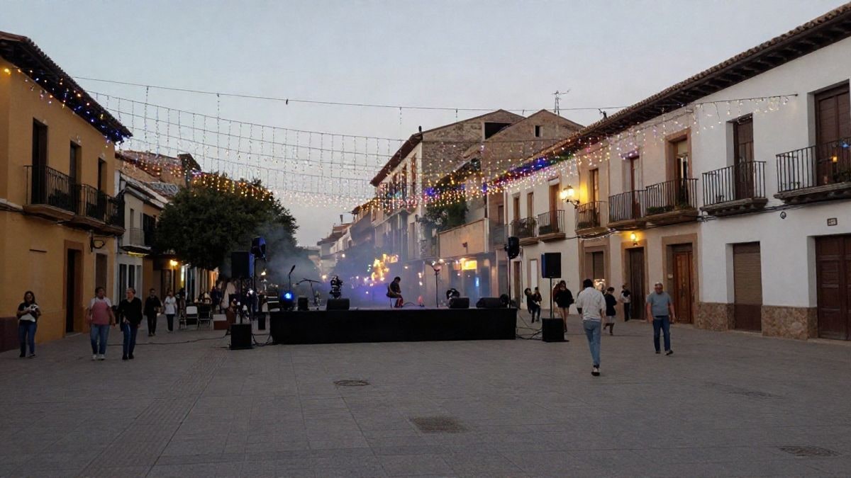 Imagen ilustrativa: plaza de pueblo con luces de colores y un escenario vacío durante una fiesta local nocturna.