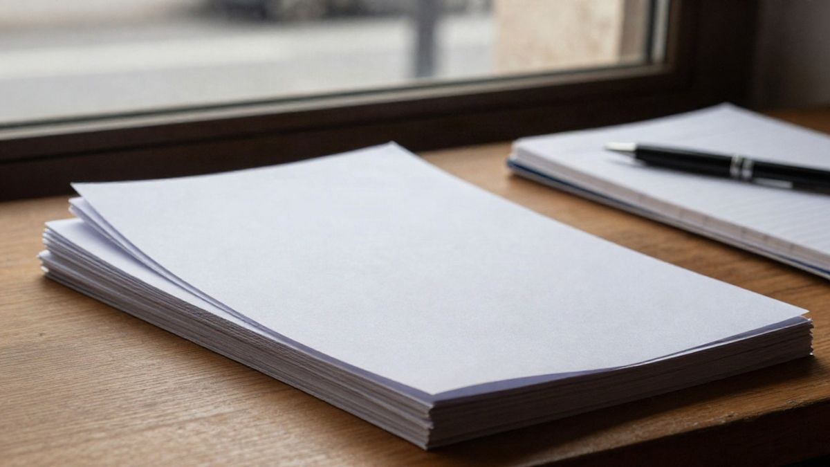 Imagen ilustrativa: detalle de folios en blanco y un cuaderno sobre una mesa de madera