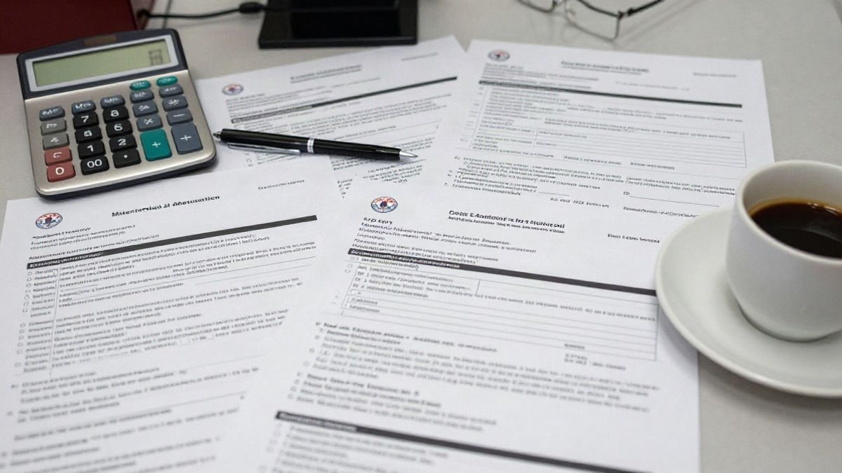Imagen ilustrativa: vista cenital de una mesa de oficina con formularios de solicitud de subvenciones, una calculadora y un bolígrafo