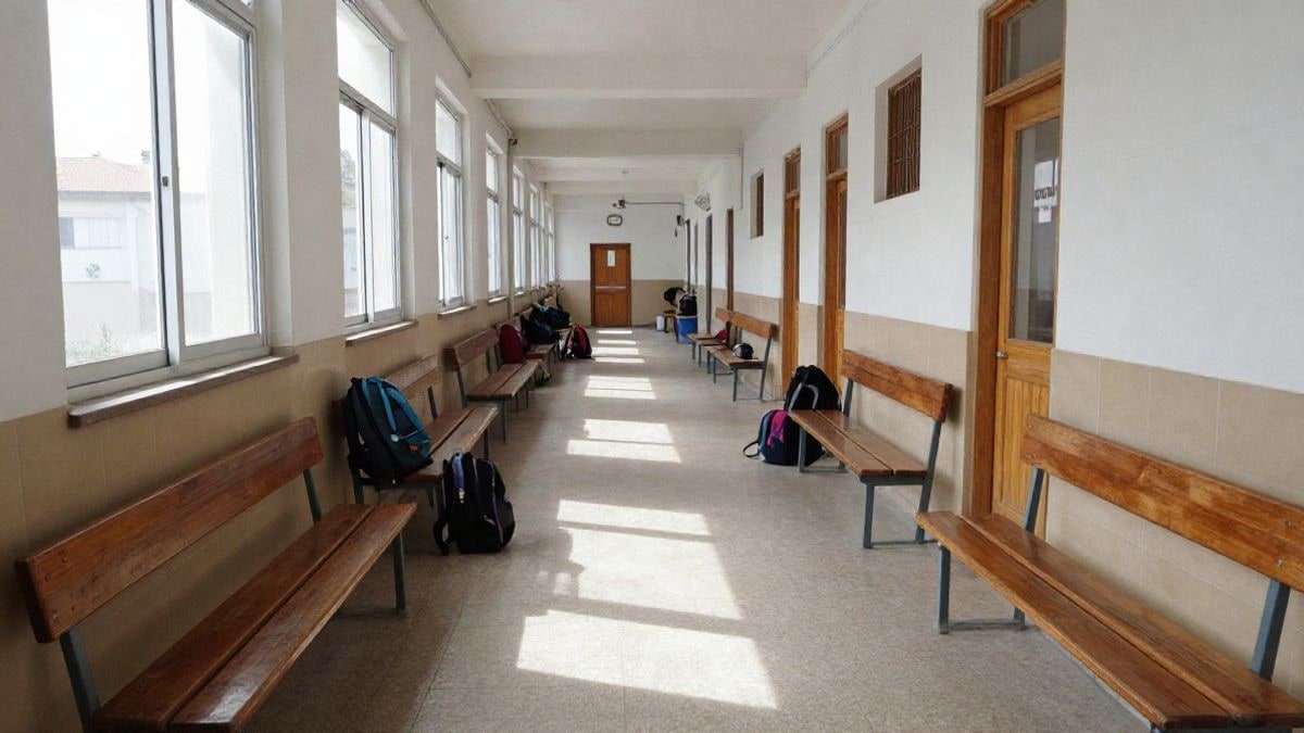 Imagen ilustrativa: pasillo de un colegio con bancos de madera y mochilas en el suelo