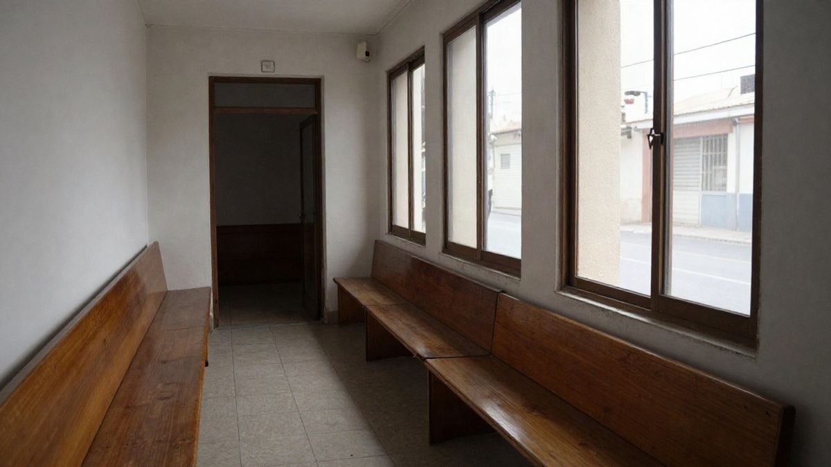 Imagen ilustrativa: pasillo interior de un tanatorio con bancos de madera y luz lateral de ventana