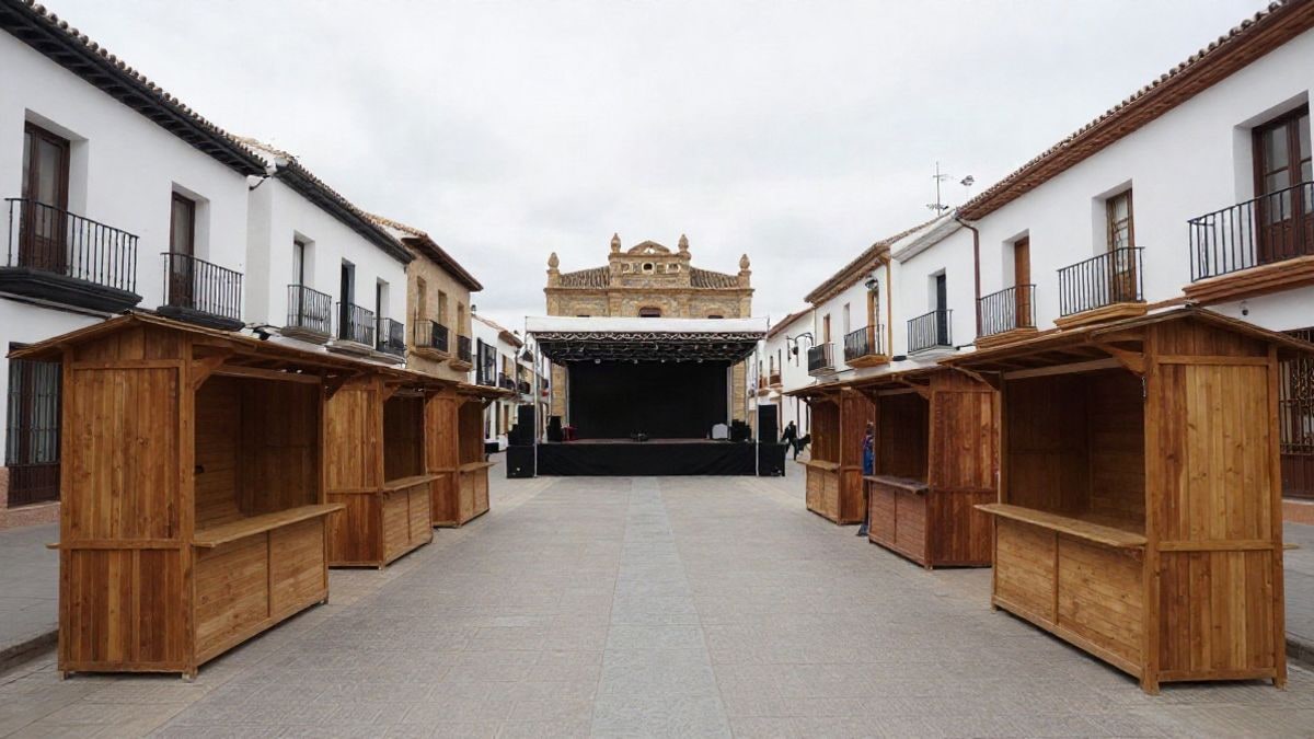 Imagen ilustrativa: plaza de un municipio con puestos de madera y un pequeño escenario montados para una jornada festiva