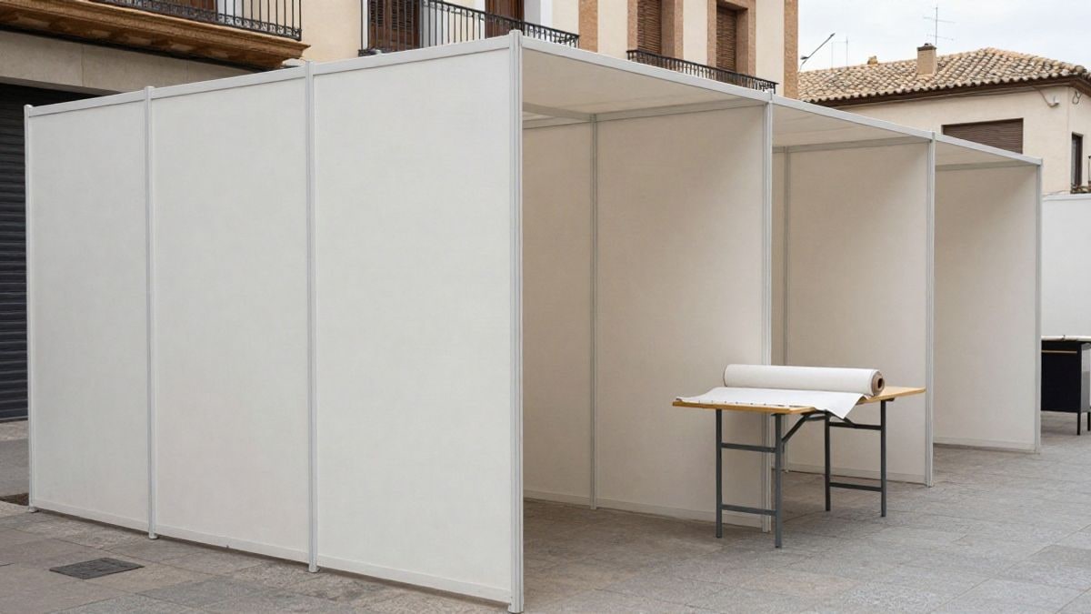 Imagen ilustrativa: una sala de exposiciones genérica con rollos de tela y mesas de muestra, sin personas ni logotipos