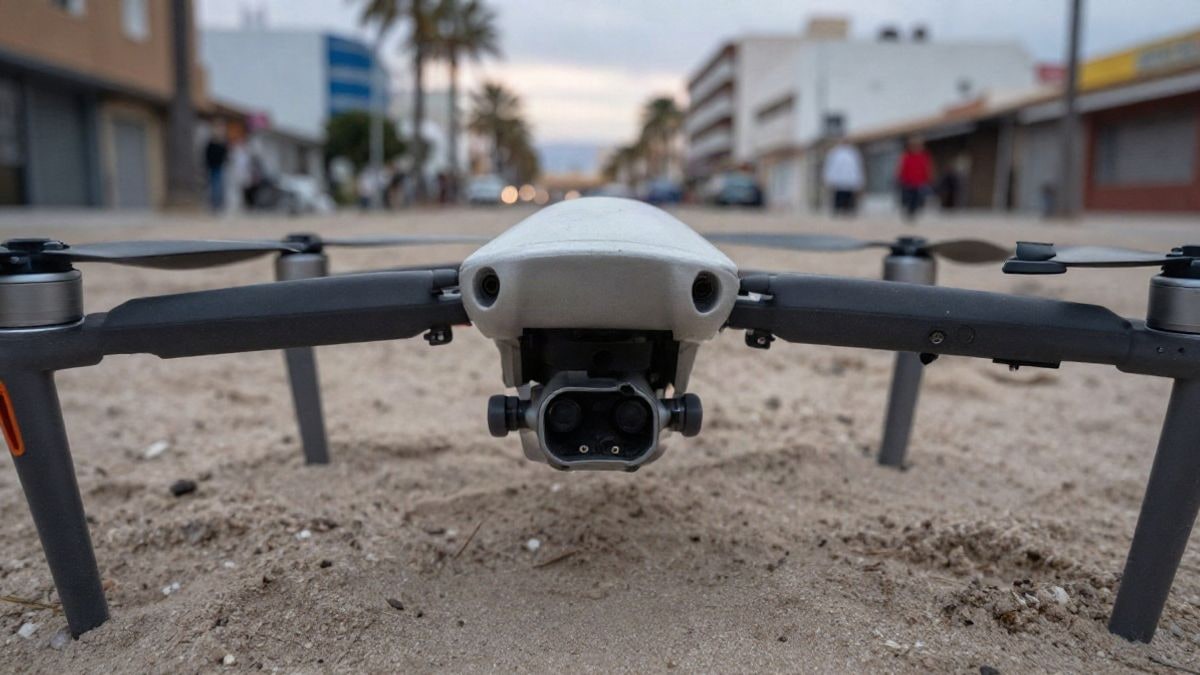 Imagen ilustrativa: primer plano macro de una hélice de dron sobre la arena de una playa