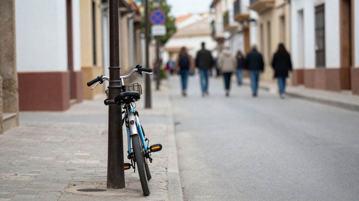 Imagen ilustrativa: una bicicleta apoyada en una farola en una calle de un pueblo español, con coches aparcados al fondo.