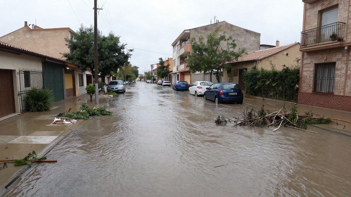 Imagen ilustrativa: calle residencial inundada con agua y barro tras las lluvias intensas