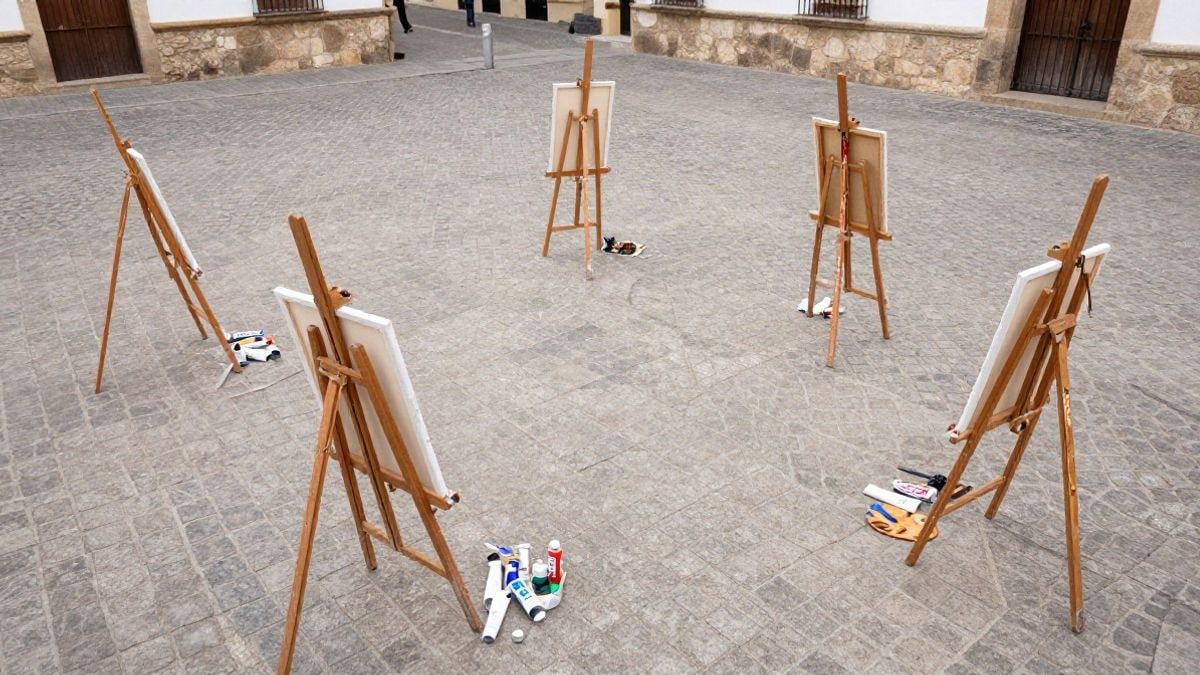Imagen ilustrativa: caballetes y lienzos preparados para un concurso de pintura al aire libre en una plaza