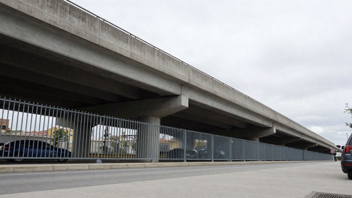 Imagen ilustrativa: ángulo bajo de una pasarela de hormigón con barrera acústica metálica sobre una autopista genérica