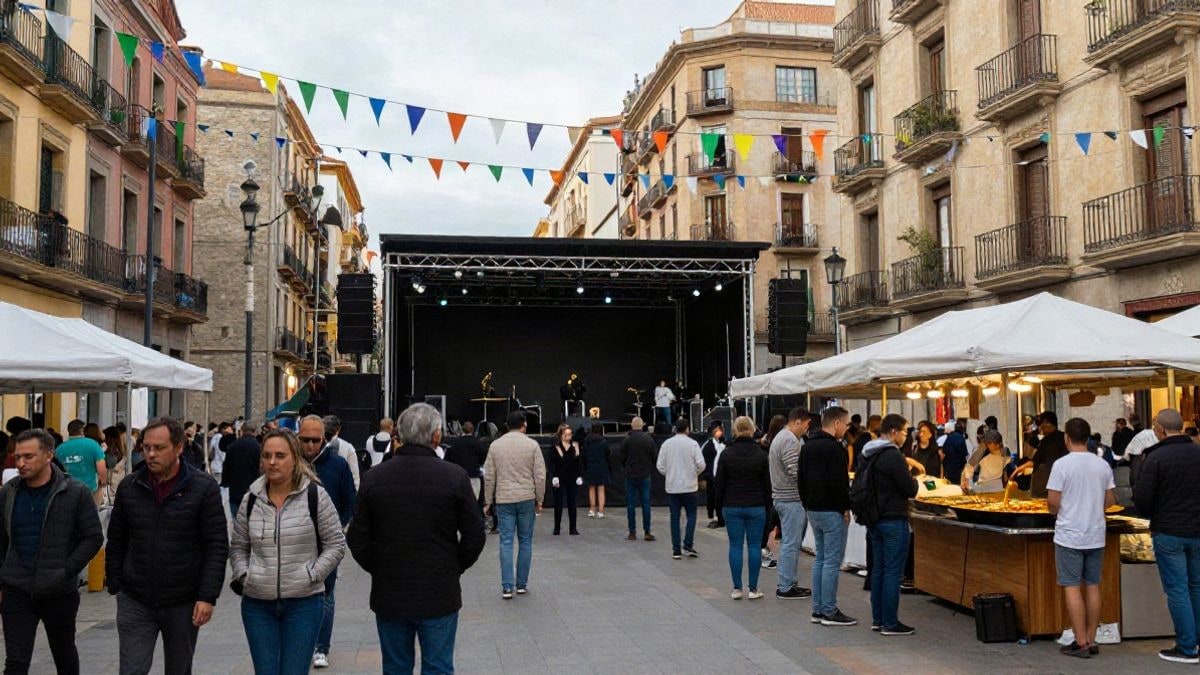 Imagen ilustrativa: calles decoradas con guirnaldas y un escenario en un barrio durante unas fiestas populares.