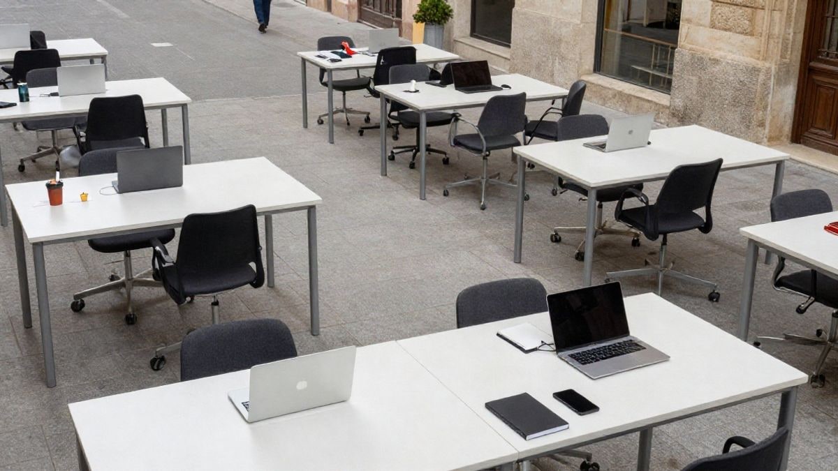 Imagen ilustrativa: vista cenital de un espacio de coworking con mesas y ordenadores