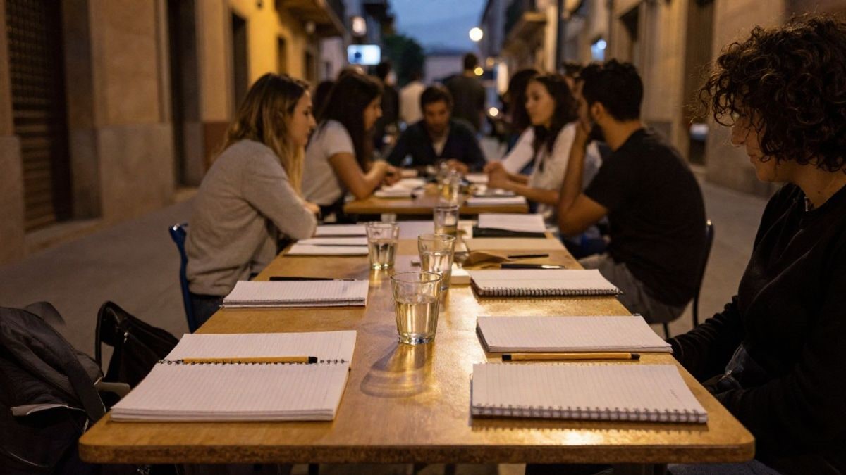 Imagen ilustrativa: mesa de taller comunitario con cuadernos y un vaso de agua bajo luz artificial nocturna