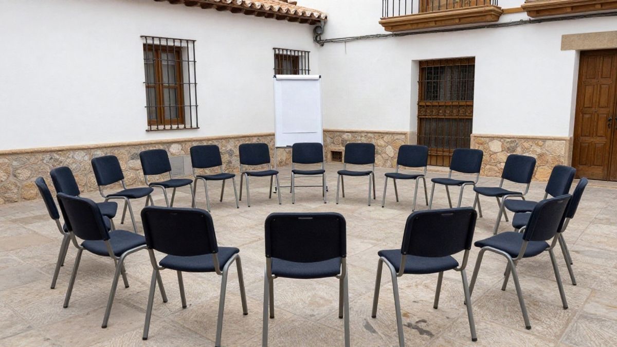Imagen ilustrativa: sala de reuniones comunitaria con sillas en círculo y un rotafolio en blanco
