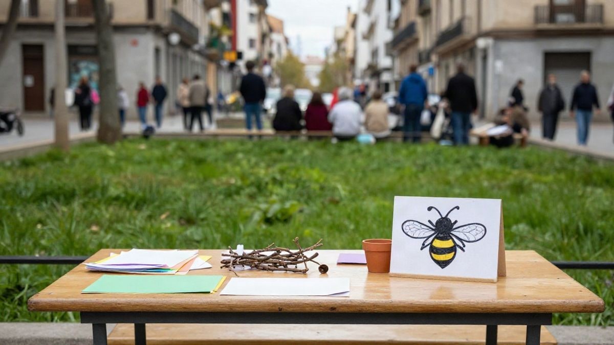 Imagen ilustrativa: mesa de manualidades con materiales naturales en un parque urbano con familias al fondo