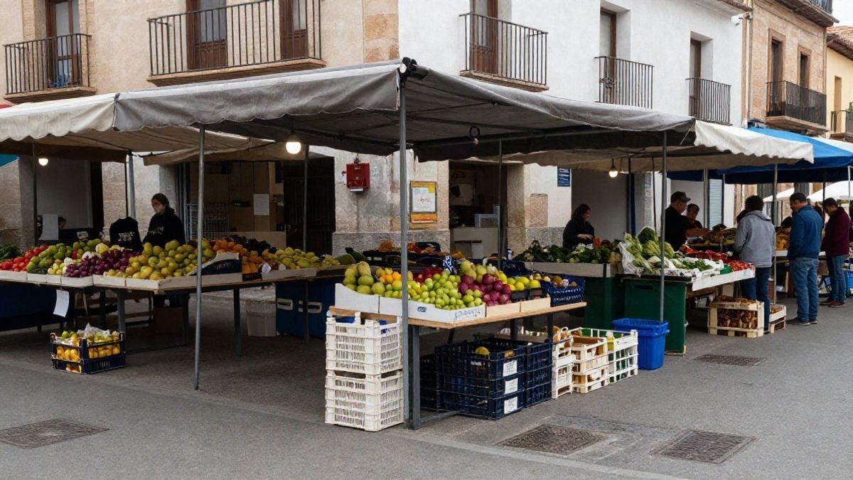Imagen ilustrativa: paradas de mercado callejero con toldos y productos, en una calle de un pueblo español, sin personas reconocibles.