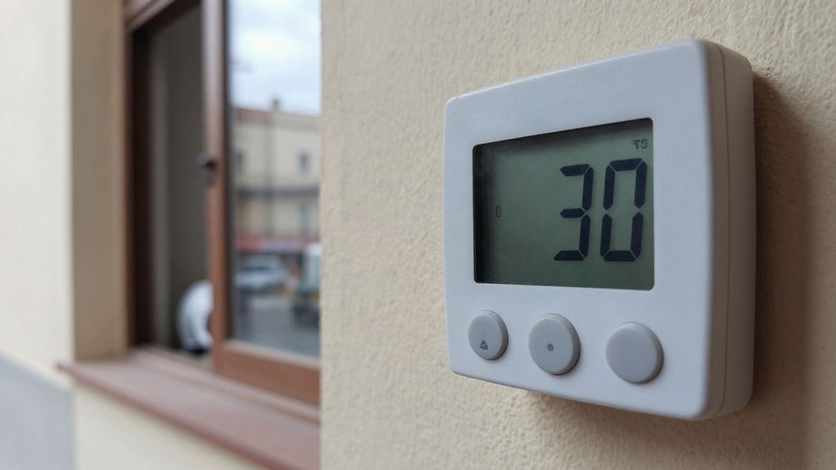 Imagen ilustrativa: termostato de pared marcando 30 grados en un piso con una ventana entreabierta y un ventilador.