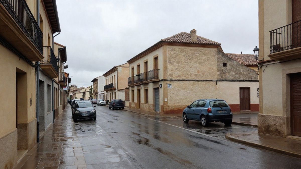 Imagen ilustrativa: calle mojada con charcos en un pueblo español bajo un cielo nublado