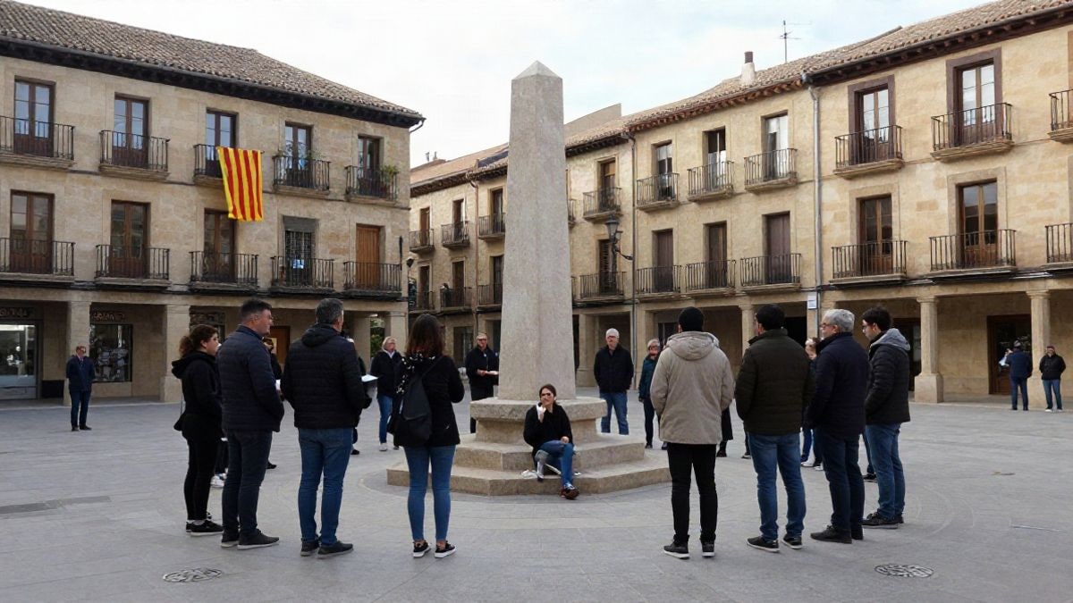 Imagen ilustrativa: una plaza con un monolito y un grupo de personas reunidas en un acto conmemorativo.