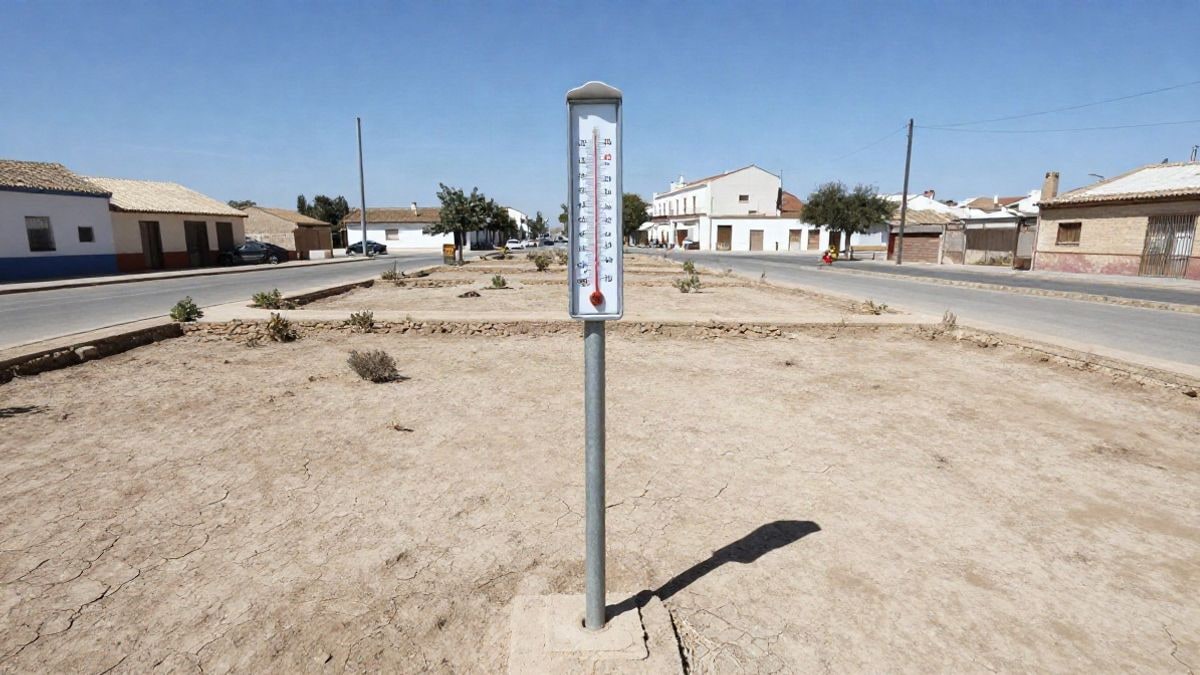 Imagen ilustrativa: estación meteorológica con termómetro y pluviómetro sobre suelo agrietado, vista desde arriba.