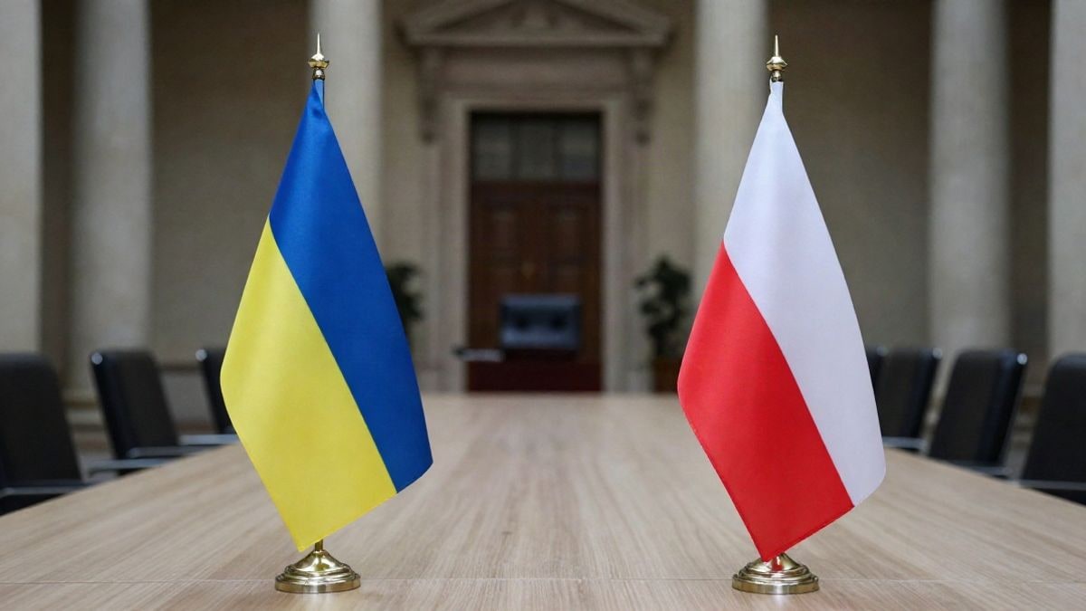 Imagen ilustrativa: banderas de Ucrania y Polonia sobre una mesa en una sala institucional