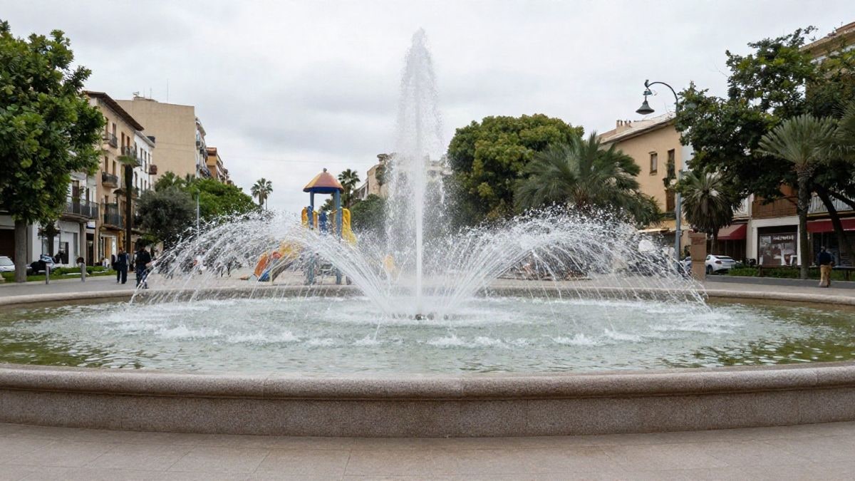 Imagen ilustrativa: zona de juegos de agua en un parque urbano, con chorros y aspersores y niños jugando de espaldas.