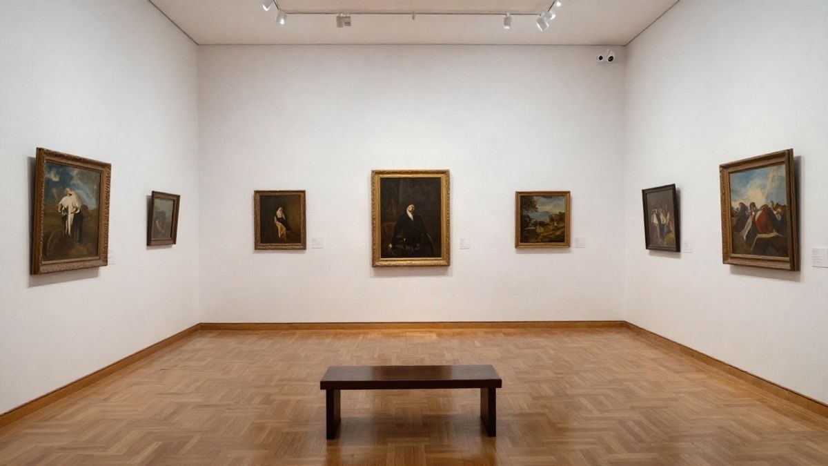 Imagen ilustrativa: sala de museo con cuadros colgados en paredes blancas y luz suave.