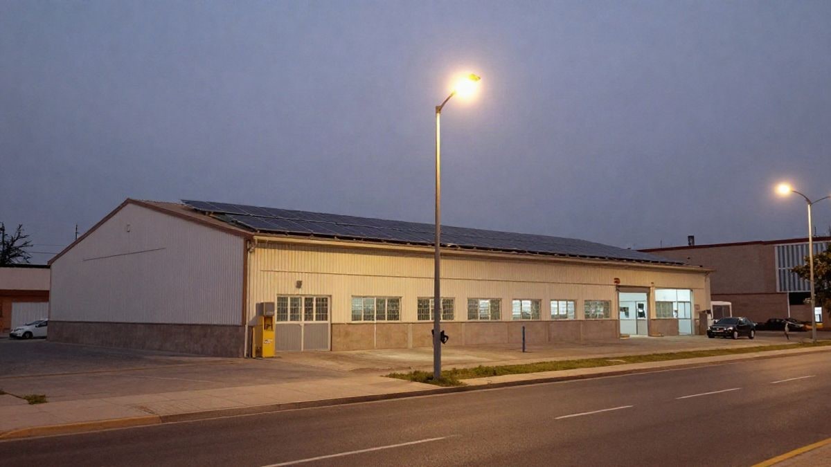 Imagen ilustrativa: nave industrial municipal con nueva cubierta y placas solares, iluminada por farolas