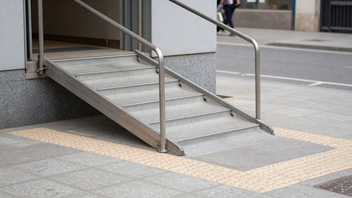 Imagen ilustrativa: rampa de acceso con pasamanos y pavimento táctil junto a un edificio