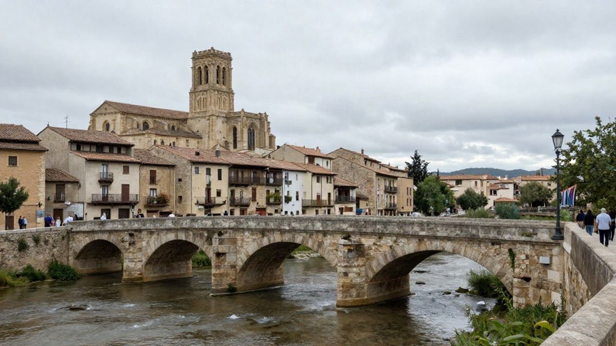 Imagen ilustrativa: un puente medieval sobre un río con un pueblo antiguo al fondo, bajo un cielo nublado