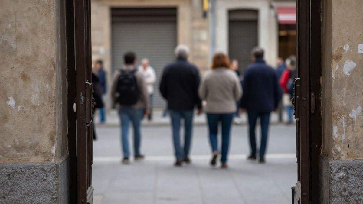 Imagen ilustrativa: pasillo de un edificio judicial con un tablón de anuncios y personas de espaldas, iluminado con luz natural.