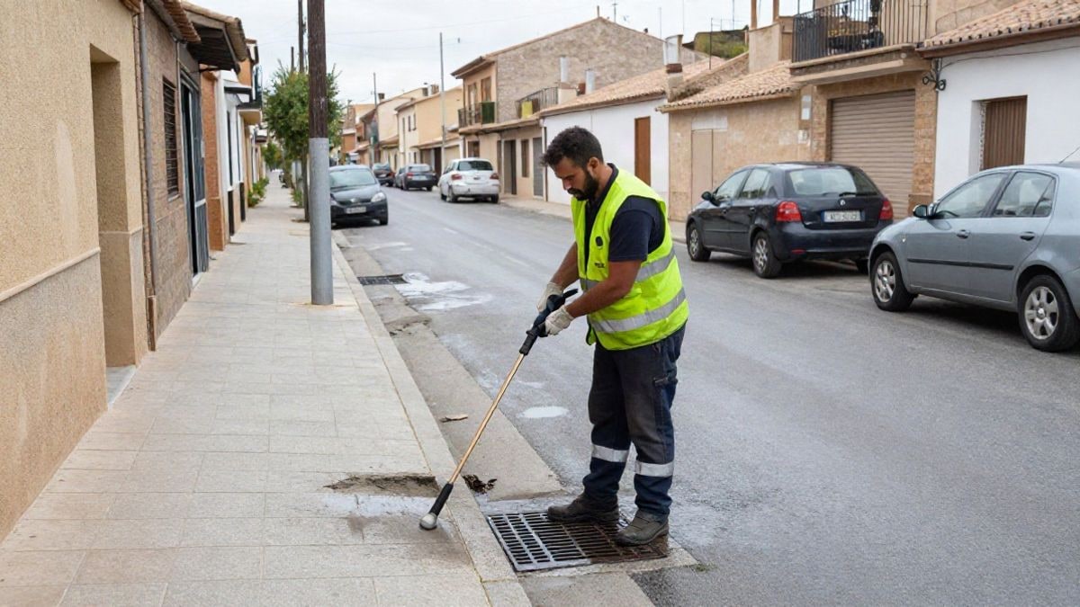Imagen ilustrativa: un operario municipal trata un imbornal en una calle residencial, sin rostros visibles.