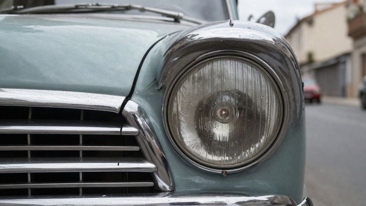 Imagen ilustrativa: primer plano del faro y la parrilla cromada de un coche clásico