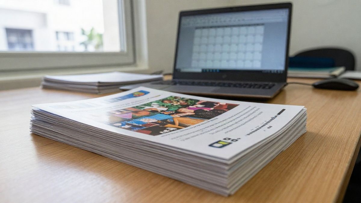 Imagen ilustrativa: folletos de programación cultural apilados sobre una mesa de oficina con un ordenador portátil al fondo.