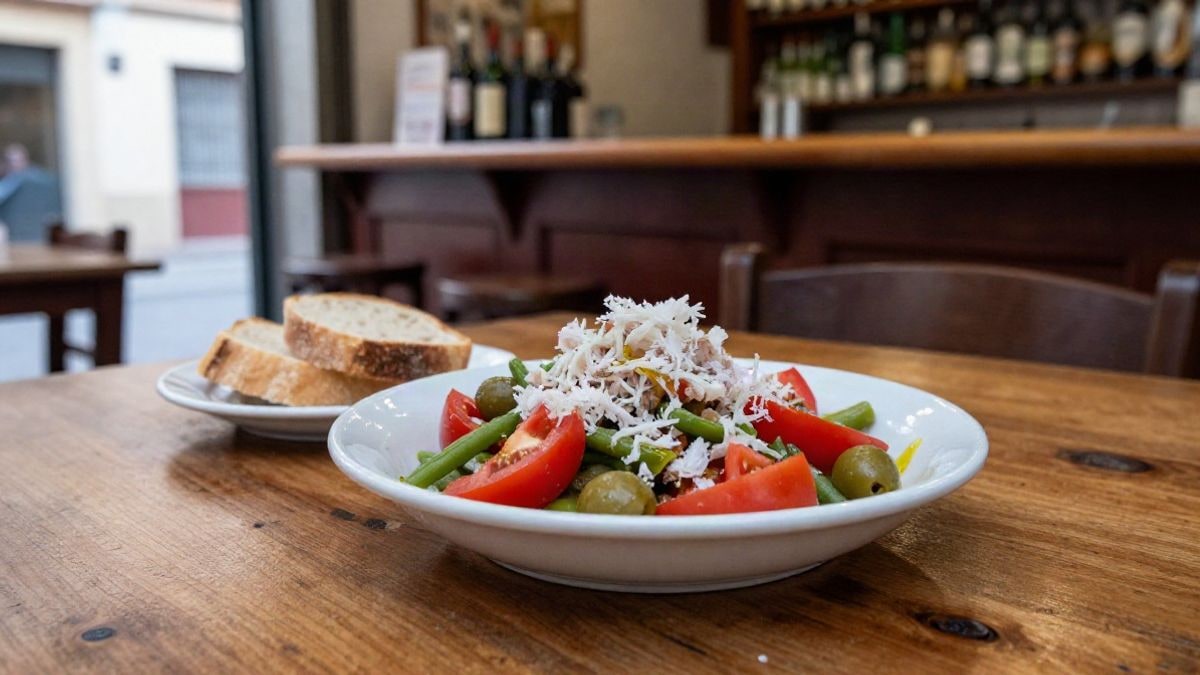 Imagen ilustrativa: un plato de esqueixada de bacalao sobre una mesa de madera en un bar