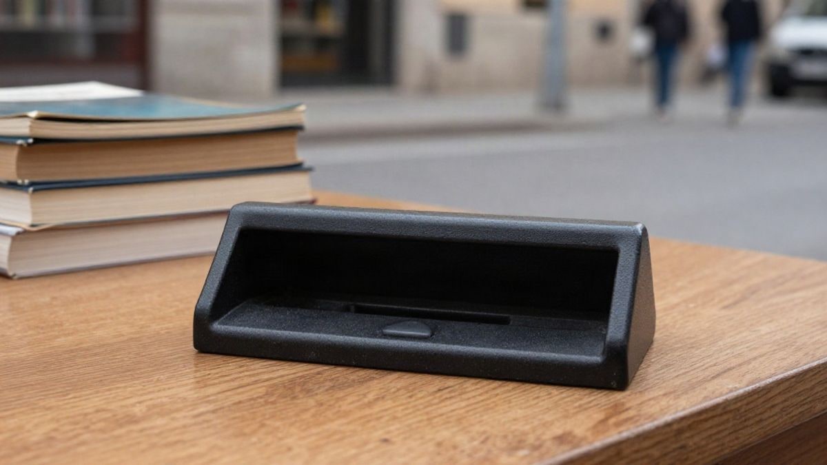 Imagen ilustrativa: primer plano de una pila de libros sobre una mesa de madera junto a una ventanilla de devolución
