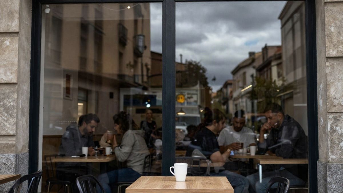 Imagen ilustrativa: una mesa de cafetería con apuntes y un ordenador portátil abierto, junto a una taza de café, en un local con grandes ventanales.