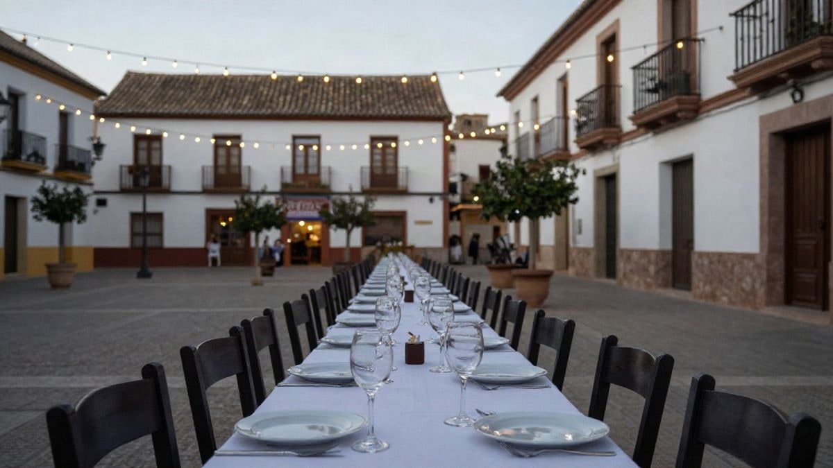 Imagen ilustrativa: una mesa larga preparada para una cena al aire libre en una plaza, con platos y copas, bajo luces de guirnalda.
