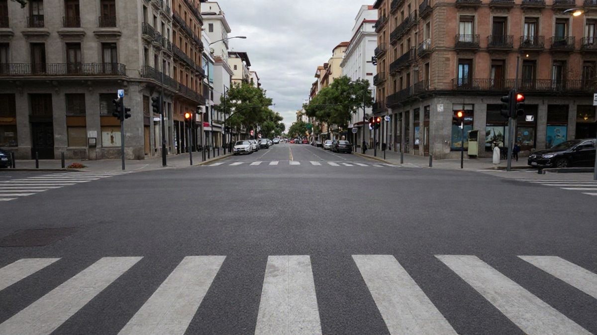 Imagen ilustrativa: gran intersección urbana vacía de una ciudad española con líneas que convergen hacia el fondo