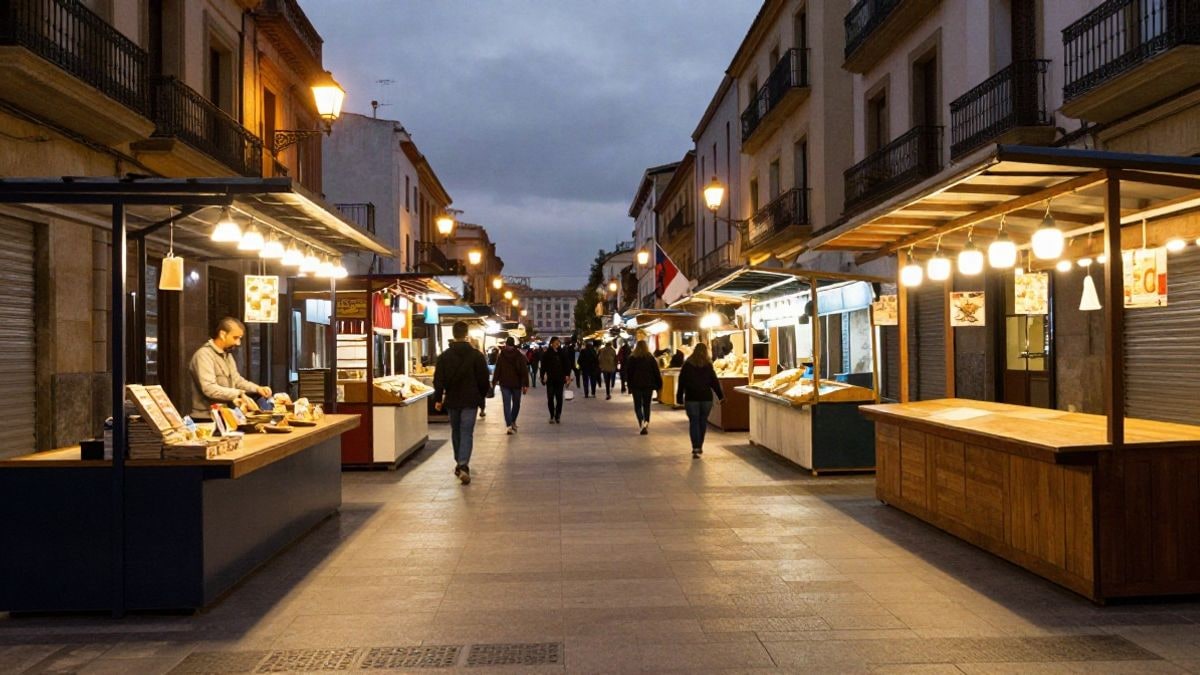 Imagen ilustrativa: paseo peatonal con paradas de mercado iluminadas por luces artificiales al anochecer