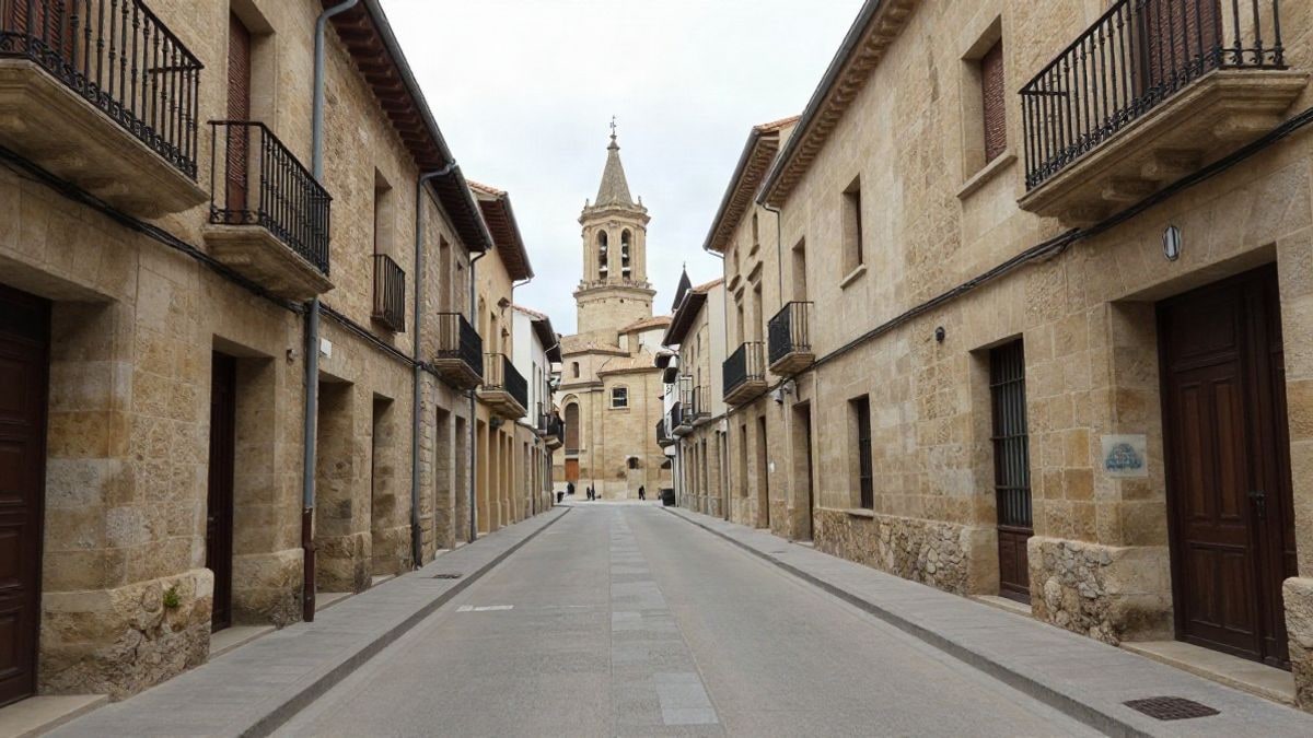 Imagen ilustrativa: calle estrecha de casco antiguo con fachadas de piedra y una torre al fondo