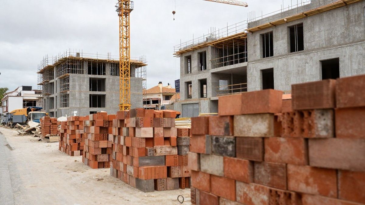 Imagen ilustrativa: bloques de viviendas en construcción con andamios y una grúa en una calle corriente