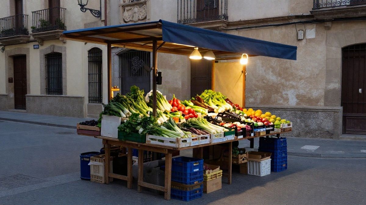 Imagen ilustrativa: puesto de mercado con productos ecológicos en una calle iluminada al anochecer