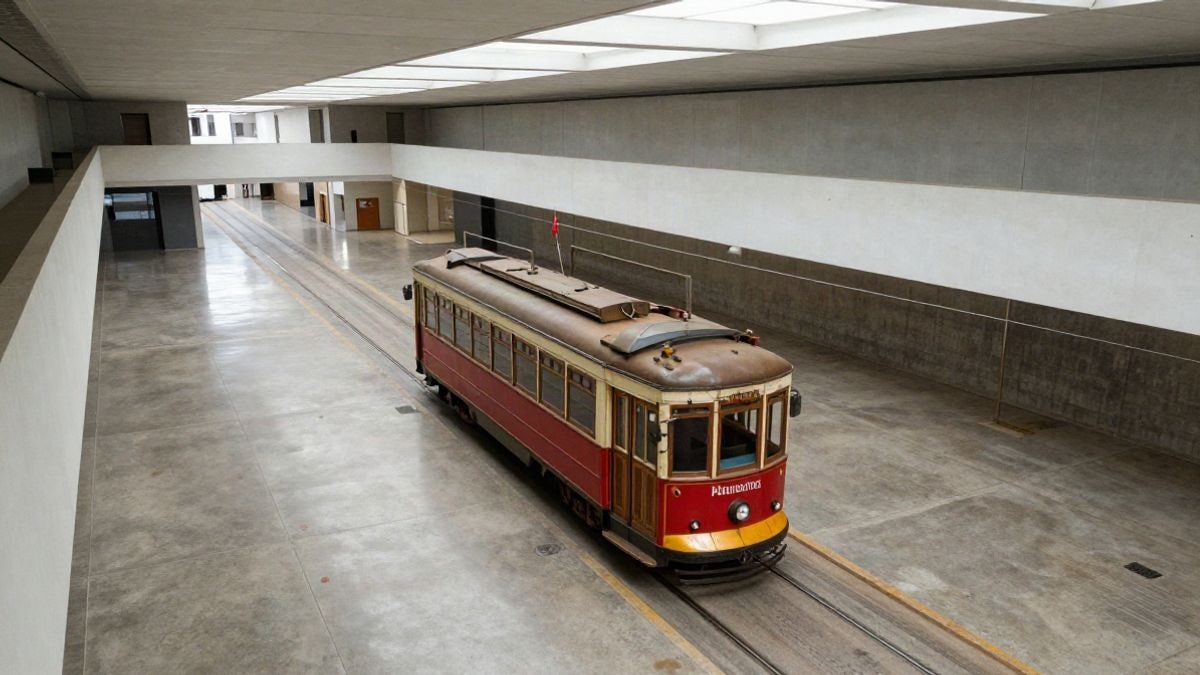 Imagen ilustrativa: vista cenital de una nave museística con un tranvía y un autobús antiguos estacionados en el interior