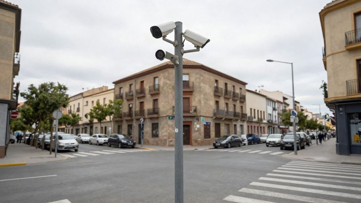 Imagen ilustrativa: cámara de seguridad en una farola de una calle urbana con coches aparcados y un paso de peatones