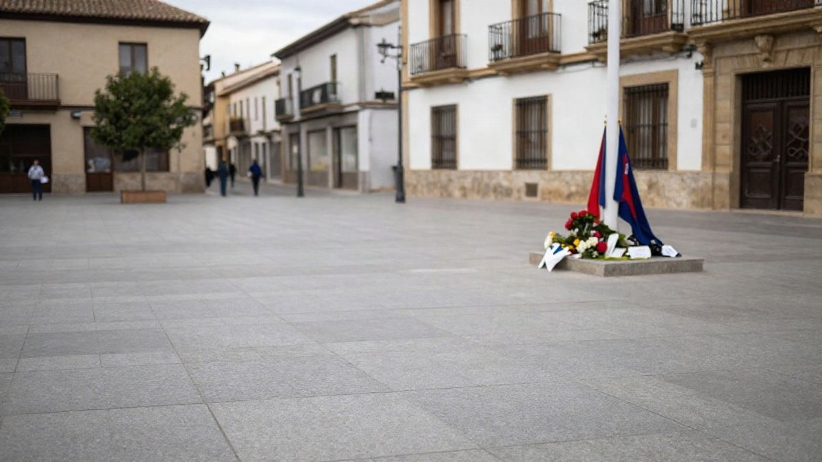 Imagen ilustrativa: plaza de un municipio con ofrendas florales y un mástil plegado junto a un edificio consistorial