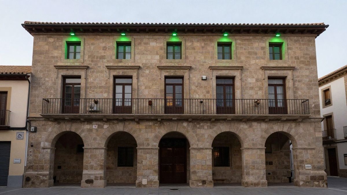 Imagen ilustrativa: fachada de un edificio consistorial iluminada de verde durante la noche